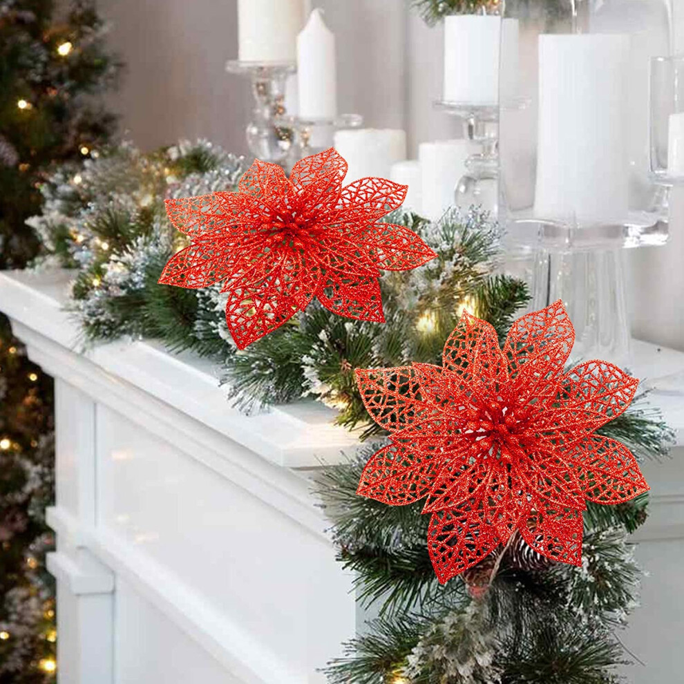 36 Pack Christmas Flowers Decorations, Glitter Poinsettia Christmas Tree Ornaments, 4" Artificial Silk Flowers Picks Compatible With Christm 3564946439616