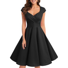 Vestido de coquetel vintage retrô dos anos 50, estilo rockabilly, com decote em V e saia plissada.