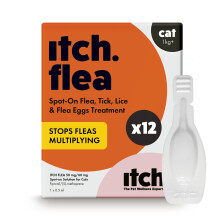Itch Cat Flea & Tick Spot-On Treatment (1kg+) - Kills Fleas, Ticks, Lice & Eggs to Prevent Reinfestation -12 Easy-Apply Pipettes