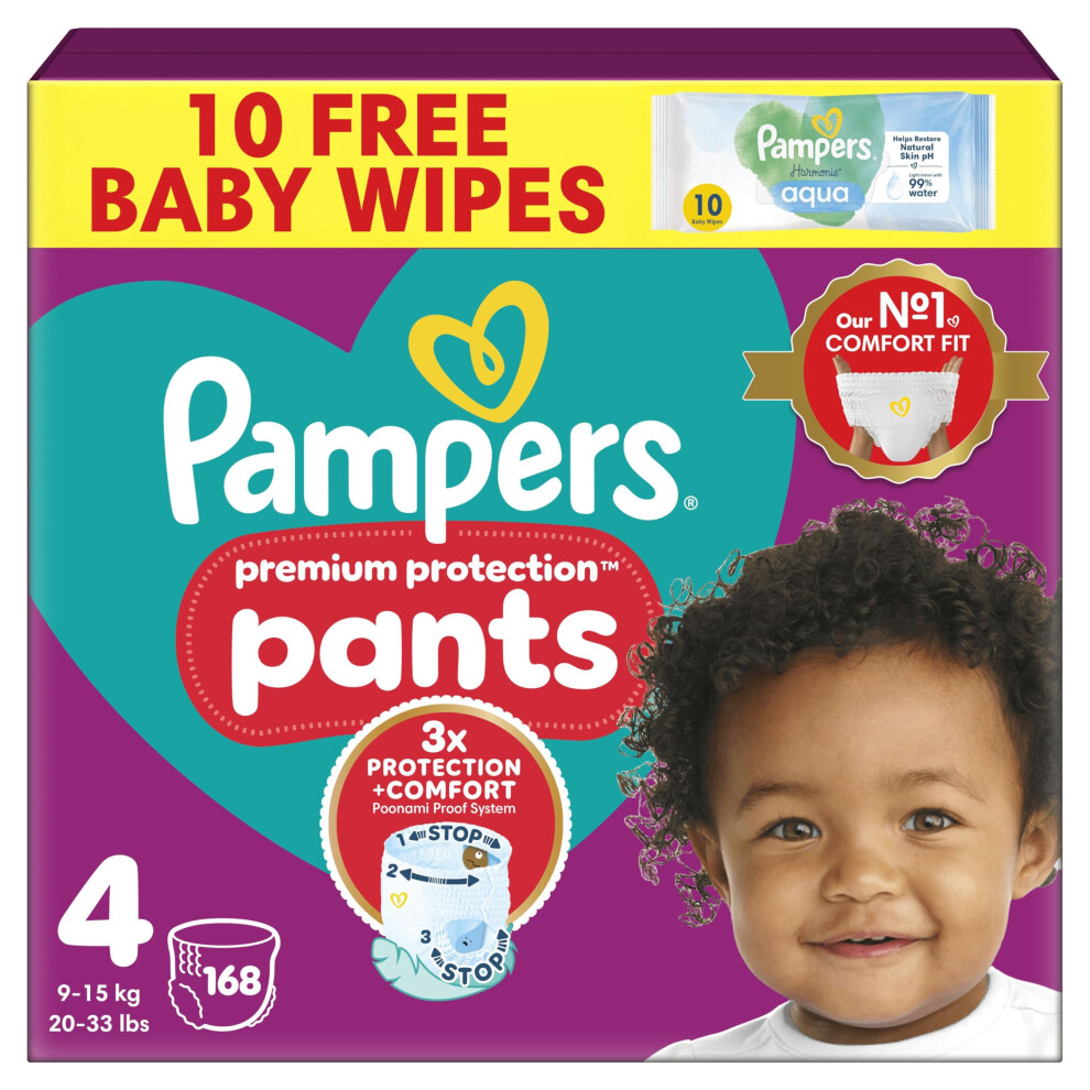 Pampers Premium Protection Nappy Pants Size 4, 168 Nappies, 9Kg-15Kg, Monthly Pack + Harmonie Aqua Baby Wipes 1 Pack Of 10 Wipes Red