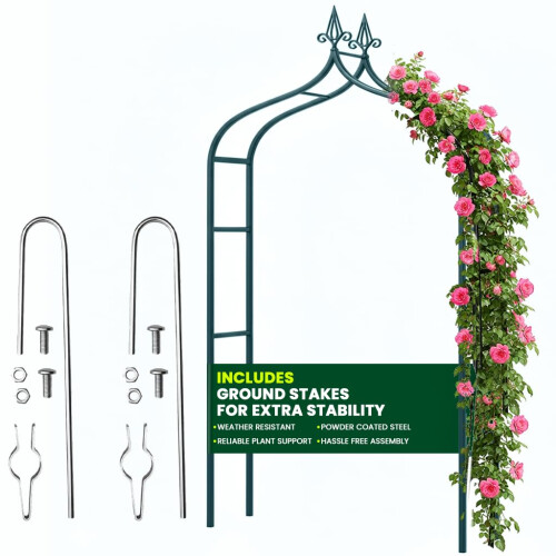 (Green) Metal Garden Arch with Ground Stakes 2.7M Weather Resistant Garden Arch For Climbing Plants Roses Flowers Wedding Outdoor Decorations