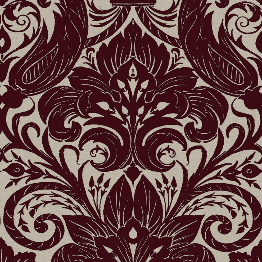 (Red/Natural) Laurence Llewelyn-Bowen Sauvage Damask Flock Wallpaper 5024515251707