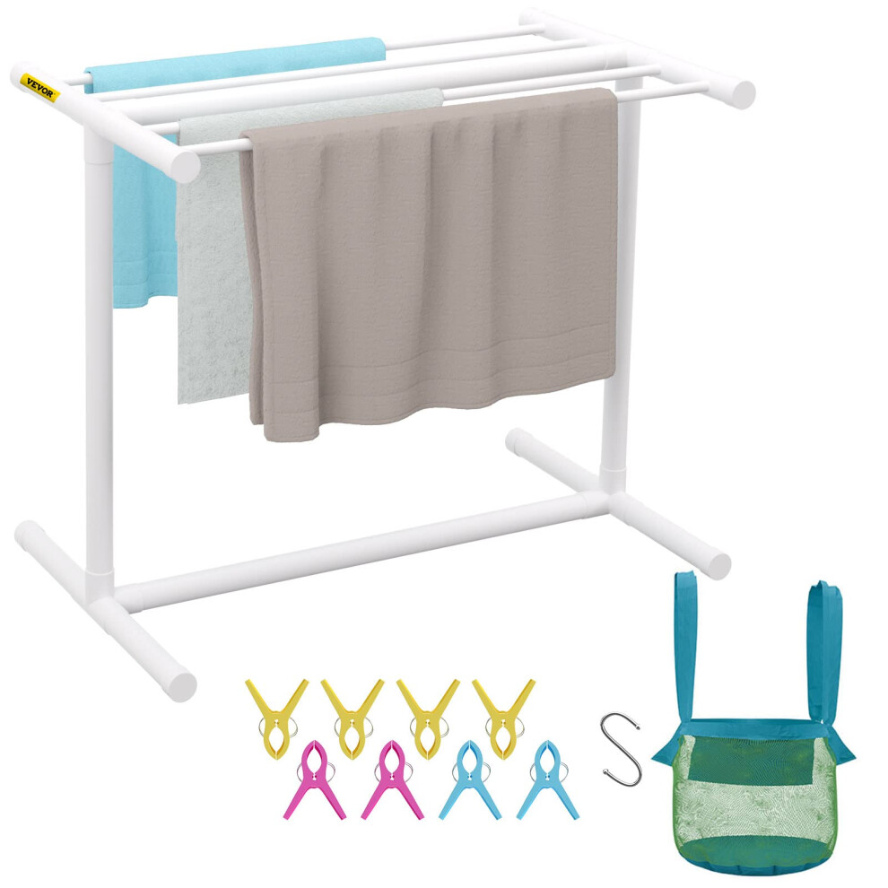 New Vevor Pool Towel Rack, 5 Bar, Freestanding Outdoor Pvc T-Shape Poolside Storage Organizer, Include 8 Towel Clips, Mesh Bag, Hook, Also Stores White Vv-Ptr-G5w