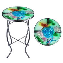 MUMTOP Side Patio Tables-Mosaic Outdoor Side Table - 14?? Dragonfly and Lotus Glass Accent Round End Table, Plant Stand Indoor Small Coffee Table for