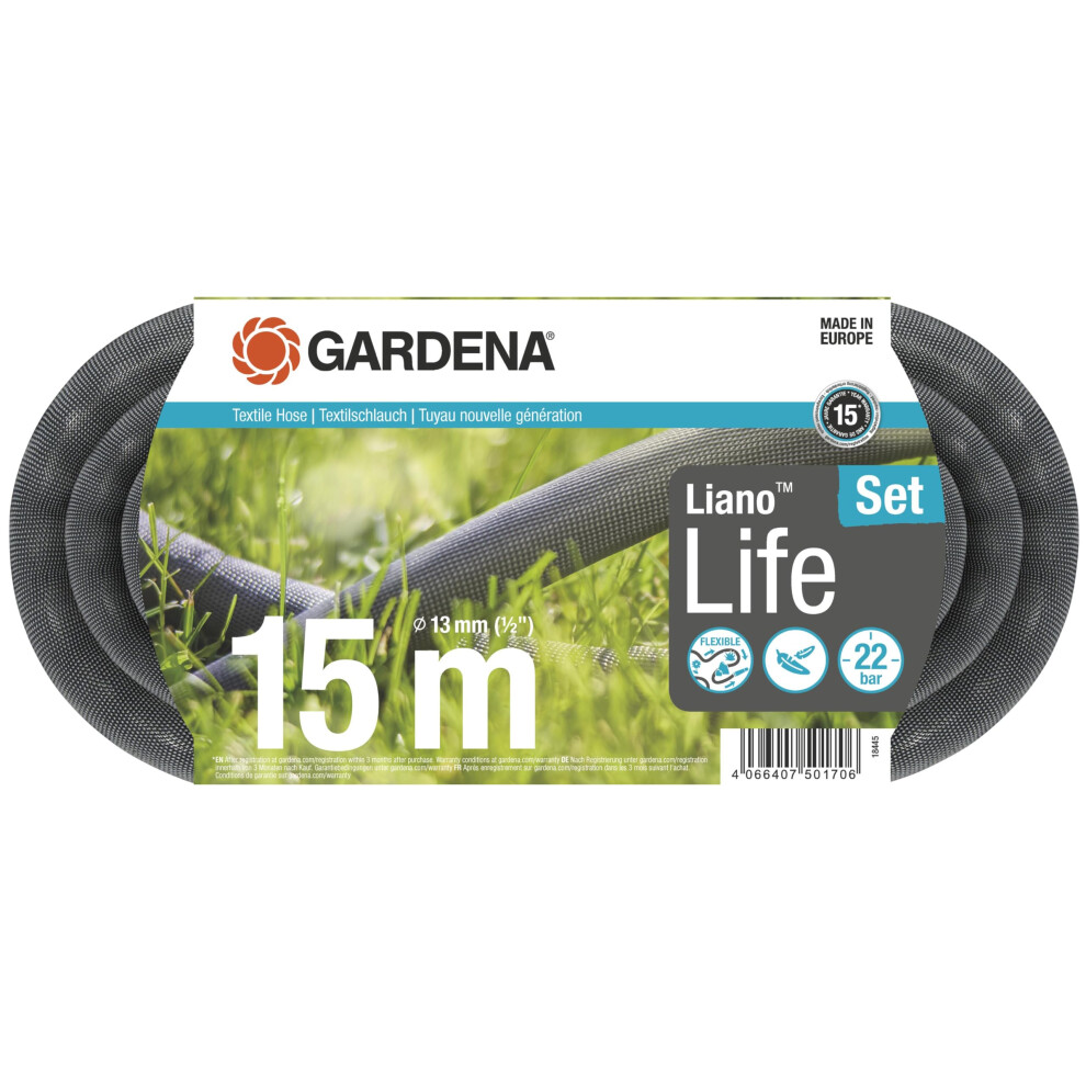 Gardena Liano Life Textile Hose 1/2 Inch, 15M: Highly Flexible Textile Garden Hose, With Pvc Inner Tube, No Kinking, Lightweight, Weather-Resistant