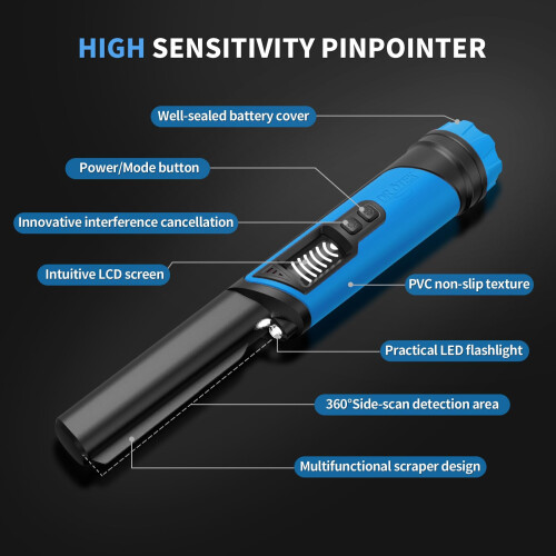 DR.?TEK Metal Detector Pinpointer, IP68 Fully Waterproof Handheld Pin Pointer with LCD Screen, Innovative Interference Cancellation Function, Higher 1
