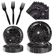 Halloween Spider Web Party Supplies Set for 24 Guests, Complete Tableware with Plates, Napkins and Forks