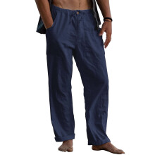Mens Linen Pants Elastic Waist Drawstring Loose-Dark Blue XXL