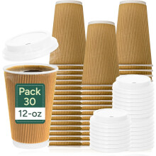 Zuvo Ripple Takeaway Paper Coffee Cups with Lids - 30 Cups, 12 OZ - Ideal for Tea, Coffee, Hot Water