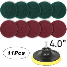 11Pcs Scrubbing Cleaning Kit 4-inch Adhesive Plate Scrub Pads Scouring Pad Kit Compatible with Electric Drill for Carpet Glass Car Cleaning