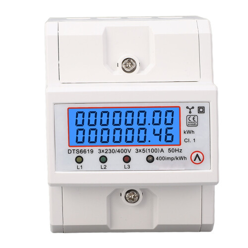 DIN Rail Energy Meter 3 Phase 4 Wire Backlit LCD Display Home Electricity Usage Meter 1