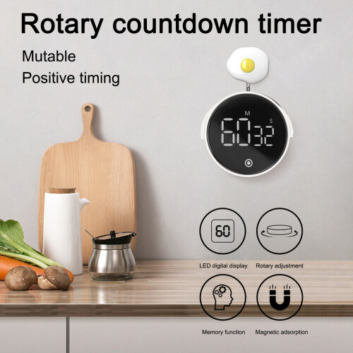 3in LED Digital Timer Rotatable Magnetic Low Noise ABS Shell Silicone Buttons Kitchen Timer White 2