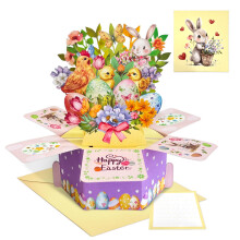 Easter Pop Up Card with Envelope, 3D Rustic Greeting Card with Bunny Eggs and Flowers for Family and Friends