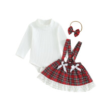 (9-12 Months, White) Ensemble de Noël pour bébé fille : barboteuse, jupe en dentelle et bandeau. Vêtements nouveau-né.