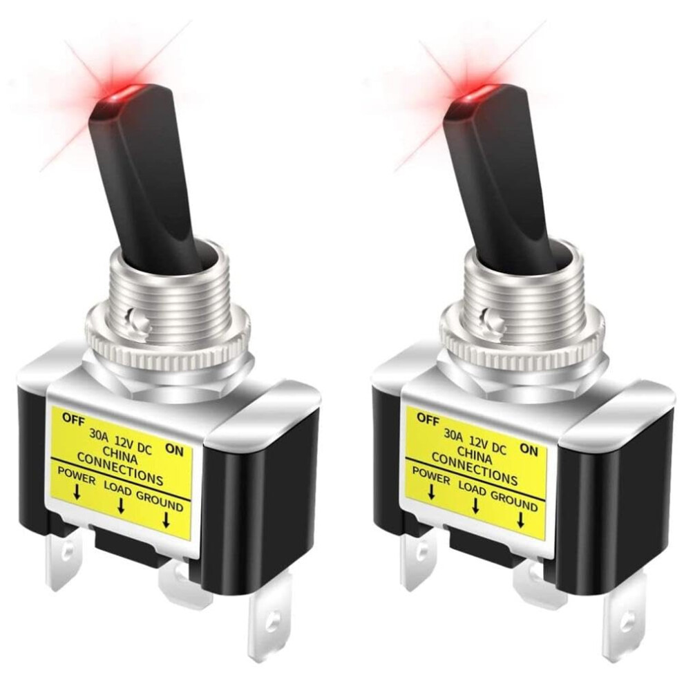 12V 30A Led Rocker Switch With Indicator Spst 3 Pin On Off Toggle For Car, Pack Of 2 Red/Light 9351714633550