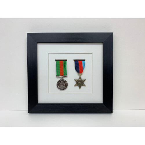 (2 medal frame, Black) War Medal Display Frame: Black Finish, White Mount