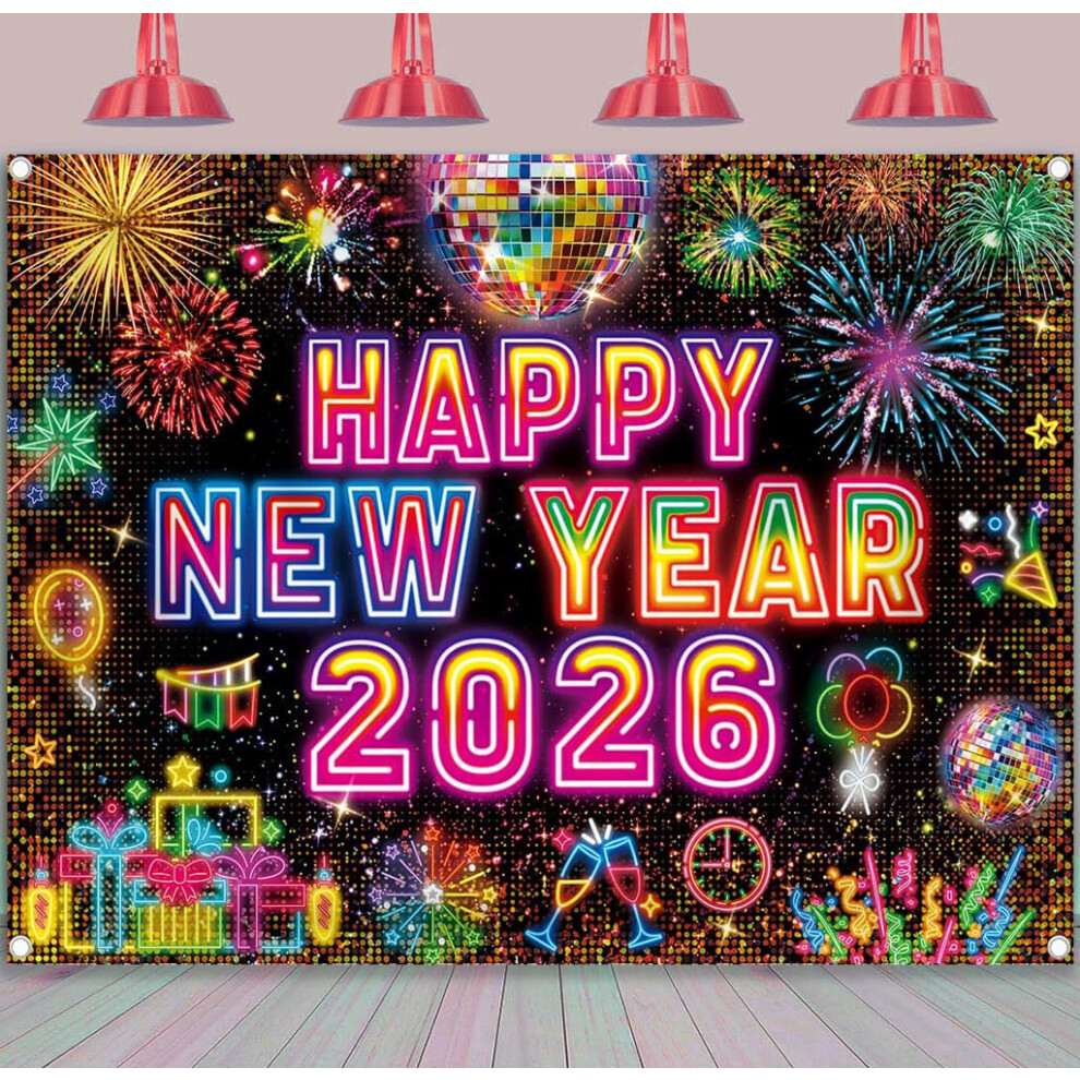 2026 Happy Year Neon Backdrop 10X8ft Colorful Fireworks Nye Party Photography Background Resolution Printing 9330225491828