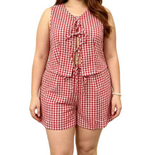 (XL, Red) Womens Plus Size Shorts Outfit Casual Loose Fit Plaid Bow Tie Front V Neck Sleeveless Tops and Shorts 2 Pcs Set