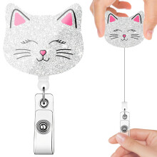 Cute Cat Badge Reel Retractable ID Holder with 24‑Inch Cord and Secure Clip for Nurses and Office Staff