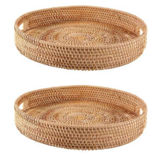2X Round Rattan Serving Tray Decorative Woven Ottoman Trays with Handles for Coffee Table Natural(Large)