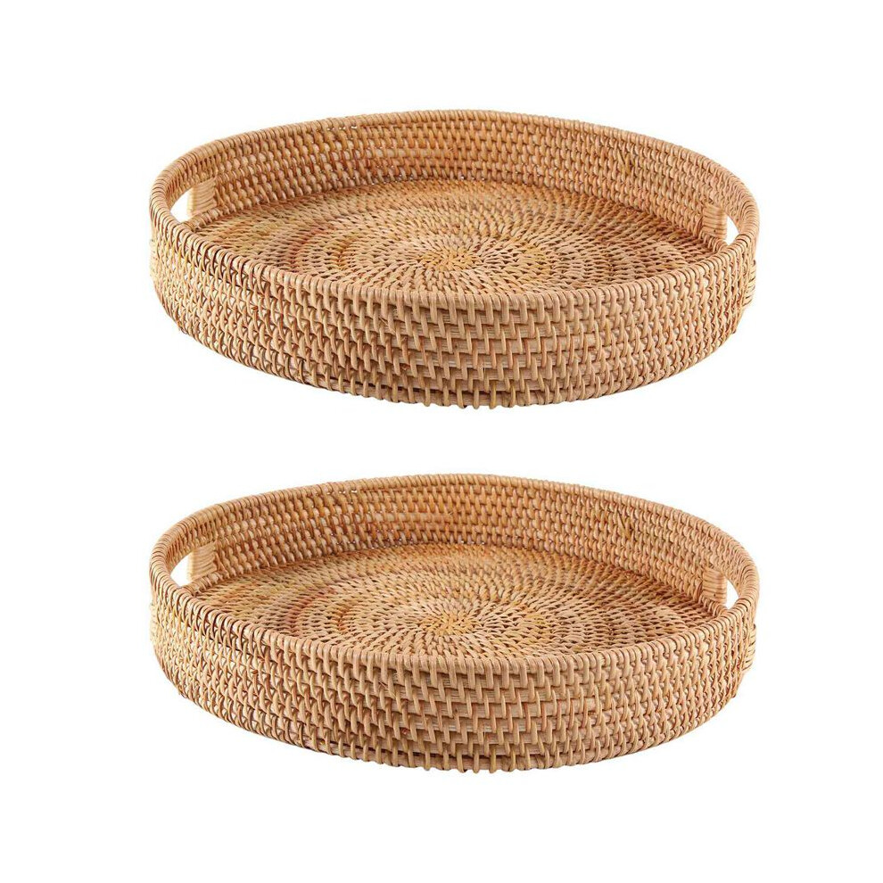 Brecantia 2X Round Rattan Serving Tray Decorative Woven Ottoman Trays With Handles For Coffee Table Natural(Large)