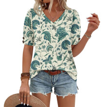Women's Short Sleeve Button-Down V-Neck Shirts rSets -Green M