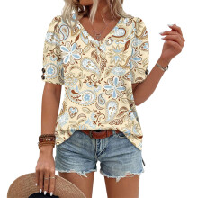Women's Short Sleeve Button-Down V-Neck Shirts rSets -Beige S