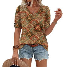 Women's  Short Sleeve Button-Down V-Neck Shirts rSets -Brown L