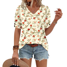 Women's Short Sleeve Button-Down V-Neck Shirts rSets -Khaki XL