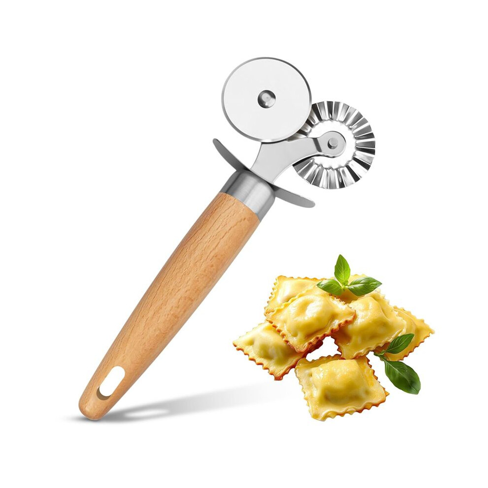 Pasta Cutter Wheel - Fluted Pastry Cutter Double Wheel Ravioli Cutter Tool With Wooden Handle For Pasta Pizza Cookie 6033474099373