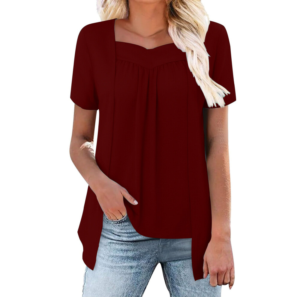 Burgundy Women Trendy Loose Fake Two Piece Blouse Hide Belly- L