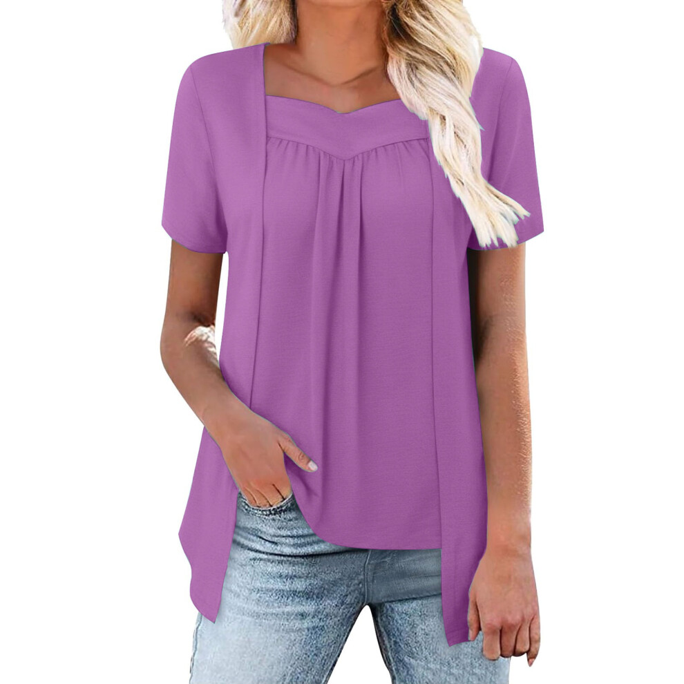 Purple Women Trendy Loose Fake Two Piece Blouse Hide Belly- S