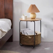 Side Table with Storage, Round End Table with Storage Basket for Small Spaces, Nightstand, Black