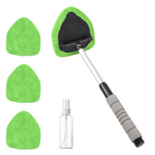Car Windshield Cleaner with Extendable Handle, 180 Rotating Head and Reusable Microfiber Pads, Includes Spray Bottle, Green