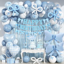 Dusty Blue Bow Birthday Decorations Kit for Women Girls, Coquette Party Supplies Set with Balloons Banner and Backdrop