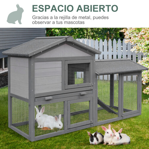 PawHut Conejera de Madera Gris 147 x 54 x 84cm 2