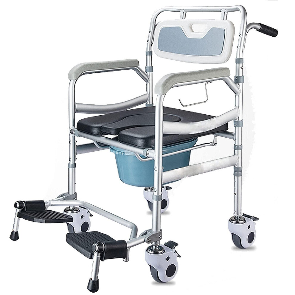 4 in 1 Bedside Commode Chair with Wheels, Foldable Aluminum Rolling Shower Wheelchair for Elderly