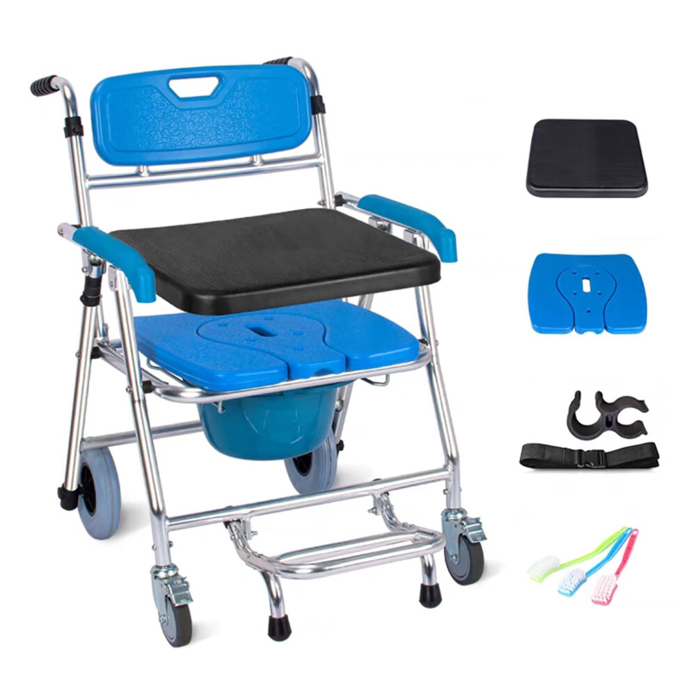 Foldable Commode Wheelchair 3âinâ1 Bedside Toilet Chair with Wheels for Elderly, Aluminum Frame and Footrest