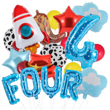 4th Birthday Balloon Set Blue Sky Cloud Cowboy Rocket Decorations ToyThemed Party Supplies