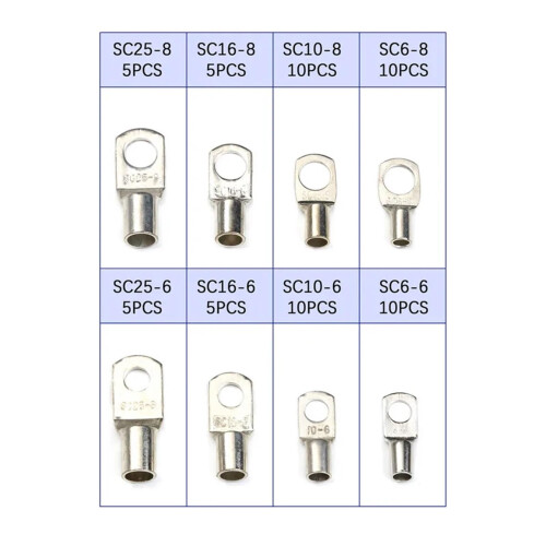 Battery Cable Lugs 60 Pack, Tinned Copper SC Ring Terminals, Crimp/Solder, Silver, Assorted Sizes 1