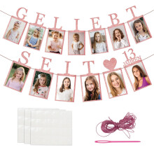 Rose Gold Glitter 13th Birthday Banner for Girl, Photo Garland with 13Year Memory Display and Adhesive Dots