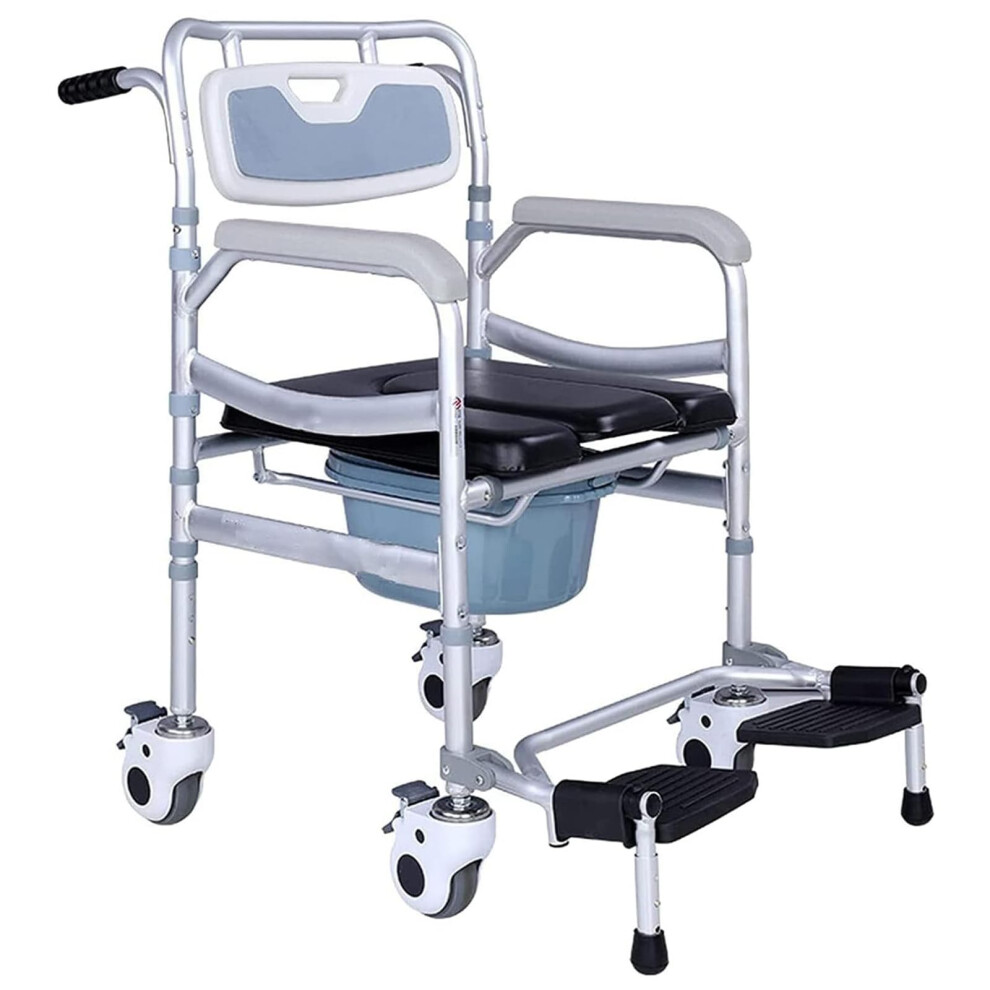 Rolling Shower Commode Chair for Elderly, Adjustable Height Folding Wheelchair with Locking Wheels