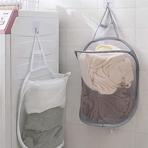 Mesh Collapsible Small Wall Laundry Baskets, Hanging Laundry Hamper, for Hotel, University Dormitory Use White