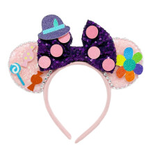Mouse Ears Headband Pink Sequin Ears with Shiny Bow and Rhinestone for Disney Minnie Disneyland Party