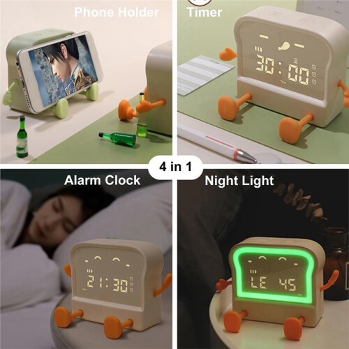 Toast Night Light, Digital Wake- Clock, Bedside Night Lamp, Count /Down Timer, Auto-Off Lamp Bedroom Clock White