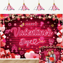 Valentine's Day Photography Backdrop 7x5FT Red Pink Glitter Heart Banner with Vivid Color Printing Nonreflective Surface