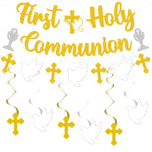 First Holy Communion Decorations Banner Gold Glitter Reusable Set for Boys and Girls Church Party