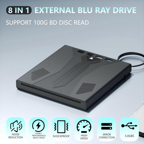 2X External Blu Ray Drive Burner, Support 100G Disc USB 3.0 and Type-C DVD/CD/BD Player,3D Optical Bluray Drive