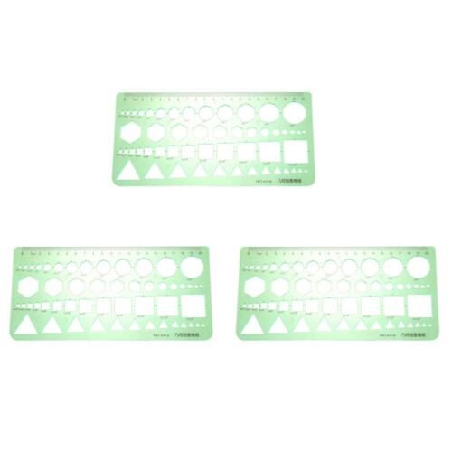 3X Green Plastic Circles Squares Hexagons Geometric Template Ruler 0-20cm