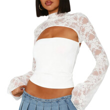 Womens Cutout Mock Neck Top with Lace Flared Long-White L